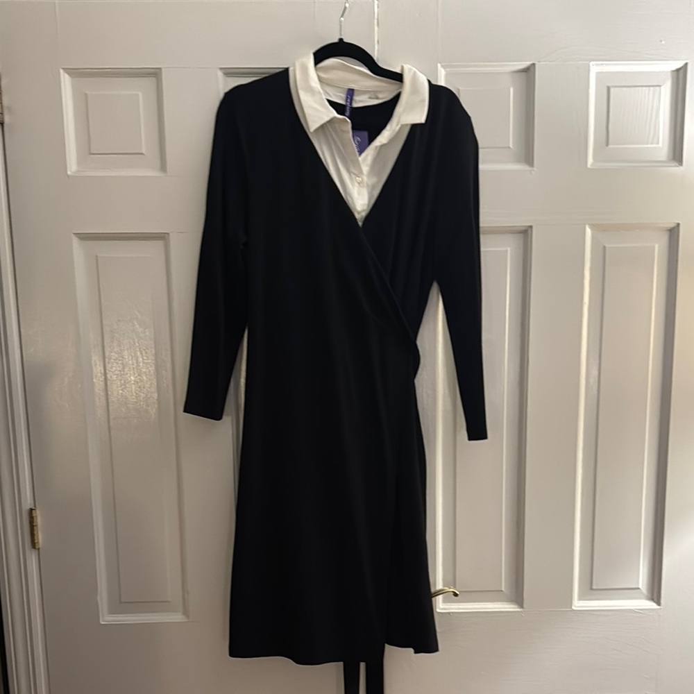 Seraphine Black and White Maternity Wrap Dress with Collar